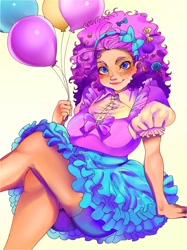 Size: 1929x2573 | Tagged: safe, artist:katarinacipcic, pinkie pie, human, g4, balloon, blushing, bow, clothes, dress, female, hair bow, humanized, looking at you, shorts, shorts under skirt, skirt, smiling, solo