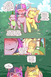 Size: 960x1440 | Tagged: safe, artist:cold-blooded-twilight, fluttershy, spike, twilight sparkle, oc, dragon, pegasus, pony, unicorn, cold blooded twilight, comic:cold storm, g4, blushing, bush, comic, dialogue, emanata, eyes closed, fangs, female, flower, flower in hair, long eyelashes, male, mare, open mouth, open smile, shivering, smiling, speech bubble, sweat, unicorn twilight