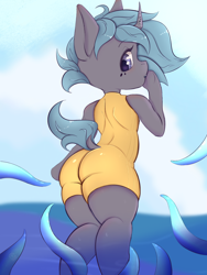 Size: 1536x2048 | Tagged: safe, artist:eventseem, oc, oc only, unicorn, semi-anthro, arm hooves, butt, clothes, dock, female, horn, mare, plot, solo, swimsuit, tail, tentacles