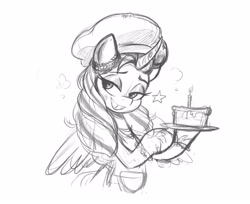 Size: 3454x2812 | Tagged: safe, artist:fanzeem, opaline arcana, alicorn, pony, g5, spoiler:g5, spoiler:my little pony: make your mark, cake, candle, chef's hat, eyebrows, eyeshadow, female, food, grayscale, grin, hat, high res, lidded eyes, makeup, mare, monochrome, partially open wings, simple background, sketch, smiling, solo, stars, white background, wings
