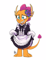 Size: 3169x4093 | Tagged: safe, artist:fanzeem, smolder, dragon, g4, blushing, clothes, commission, cute, dragoness, embarrassed, female, flower, flower in hair, gloves, maid, sharp teeth, sheepish grin, simple background, smiling, smolder also dresses in style, smolderbetes, solo, teeth, white background, wide eyes