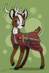 Size: 2100x3100 | Tagged: safe, artist:kaylerustone, oc, oc only, deer, clothes, glasses, high res, looking back, male, simple background, spread hooves, sword, weapon