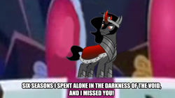 Size: 1366x768 | Tagged: safe, artist:kayman13, edit, edited screencap, screencap, king sombra, pony, unicorn, g4, the beginning of the end, antagonist, canterlot throne room, caption, carpet, crash bandicoot (series), crash twinsanity, crystal, dark crystal, dr. neo cortex, image macro, male, meme, solo, text, throne room