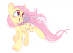 Size: 1424x1037 | Tagged: safe, artist:melodylibris, fluttershy, pegasus, pony, g4, blushing, cute, daaaaaaaaaaaw, female, folded wings, happy, mare, open mouth, running, shyabetes, simple background, smiling, solo, white background, wings