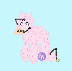 Size: 569x564 | Tagged: safe, artist:luna_mcboss, pony, abomination, blue background, chest fluff, cursed, cursed image, ear fluff, fluffy, furby, leg fluff, long furby, not salmon, pink coat, pink pony, polka dots, simple background, spots, unshorn fetlocks, wat, watermark
