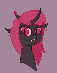 Size: 1218x1556 | Tagged: safe, artist:candyclop, oc, oc:queen candy clop, changeling, changeling queen, bust, changeling queen oc, digital art, eyebrows, eyebrows visible through hair, eyelashes, eyeshadow, female, makeup, mare, pink changeling, pink eyes, pink hair, portrait, simple background, solo