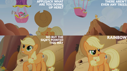 Size: 4400x2475 | Tagged: safe, edit, edited screencap, editor:quoterific, screencap, applejack, pinkie pie, spike, dragon, earth pony, pony, fall weather friends, g4, season 1, applejack's hat, cowboy hat, eyes closed, female, hat, hot air balloon, male, mare, open mouth, trio