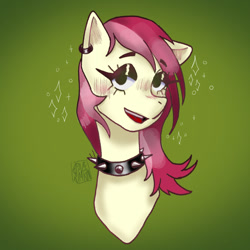 Size: 1000x1000 | Tagged: safe, artist:sizack, roseluck, earth pony, pony, g4, blushing, bust, choker, ear piercing, earring, eyebrows, eyebrows visible through hair, eyeshadow, female, goth, jewelry, lidded eyes, looking at you, makeup, mare, open mouth, open smile, piercing, simple background, smiling, solo, sparkles, spiked choker