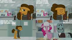 Size: 4400x2475 | Tagged: safe, edit, edited screencap, editor:quoterific, screencap, cheese sandwich, pinkie pie, sans smirk, earth pony, pony, g4, season 9, the last laugh, clothes, female, floppy ears, male, mare, open mouth, sad, stallion, sweater, worried
