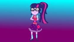 Size: 3264x1836 | Tagged: safe, artist:the double u, sci-twi, twilight sparkle, human, equestria girls, g4, glasses, gradient background, looking at you, ponytail, reflection, solo