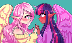 Size: 3000x1800 | Tagged: safe, artist:mylittleyuri, fluttershy, twilight sparkle, human, g4, alicorn humanization, blue background, clothes, dark skin, duo, elf ears, female, heart, holding hands, horn, horned humanization, humanized, lesbian, looking at each other, looking at someone, ship:twishy, shipping, simple background, sweater, sweatershy, winged humanization