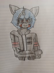 Size: 3472x4624 | Tagged: safe, artist:shiro01, oc, oc only, oc:black matter, unicorn, anthro, anthro oc, clothes, cool, jacket, lined paper, solo, traditional art