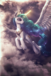 Size: 3840x5760 | Tagged: safe, artist:etherium-apex, princess celestia, alicorn, pony, g4, 3d, absurd file size, absurd resolution, blender, blender eevee, cloud, female, flying, glowing, glowing horn, horn, magic, magic aura, mare, signature, sky, smiling, solo, spread wings, wings