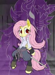 Size: 1200x1650 | Tagged: safe, artist:unoriginalcharacterpleasesteal, fluttershy, bear, pegasus, pony, ursa, ursa major, g4, badass, bipedal, female, flutterbadass, mare, naruto, red eyes, sharingan, solo, susanoo, sword, uchiha sasuke, weapon