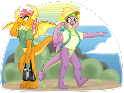 Size: 3873x2911 | Tagged: safe, artist:ponykittenboi, derpibooru exclusive, smolder, spike, dragon, g4, adult, adult spike, adventure, alternate design, annoyed, backpack, beckoning, binoculars, bush, clothes, cloud, cute, dragoness, duo, excited, eyeroll, female, grass, hat, high res, male, older, older smolder, older spike, open mouth, pith helmet, pointing, shirt, signature, simple background, sky, spread wings, teeth, transparent background, wings