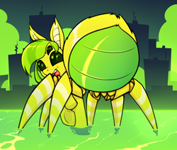 Size: 1900x1600 | Tagged: safe, artist:change, oc, oc only, oc:lemon drop, changeling, monster pony, original species, spider, spiderling, spiderpony, abdomen, butt, city, commissioner:lemondrop, female, looking at you, macro, multiple eyes, rear view, species swap