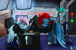Size: 3000x1989 | Tagged: safe, artist:brainiac, oc, oc:loop rider, oc:roaring forties, oc:skyline, pegasus, pony, fallout equestria, clothes, computer, computer mouse, computer screen, crying, enclave, female, floppy ears, frown, mare, sad face, sad pony, uniform