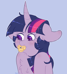 Size: 1338x1476 | Tagged: safe, artist:ponka-pie, derpibooru exclusive, twilight sparkle, pony, unicorn, g4, adult foal, blushing, chest fluff, female, fetish, floppy ears, heart, heart eyes, looking away, nervous, pacifier, simple background, smiling, solo, unicorn twilight, wingding eyes
