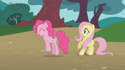 Size: 1280x720 | Tagged: safe, screencap, fluttershy, pinkie pie, earth pony, pegasus, pony, dragonshy, g4, season 1, animated, blinking, eyes closed, female, frown, gif, mare, open mouth, pronking, raised hoof, smiling, wide eyes