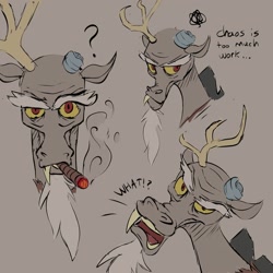 Size: 2000x2000 | Tagged: safe, artist:mochalula, discord, draconequus, g5, spoiler:g5comic, antlers, broken horn, bust, cigar, gray background, grumpy, high res, horn, old man discord, out of character, simple background, smoke, smoking, solo