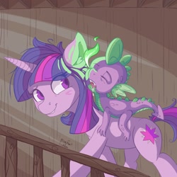 Size: 2000x2000 | Tagged: safe, artist:mochalula, spike, twilight sparkle, dragon, pony, unicorn, g4, blushing, cute, dragons riding ponies, drool, duo, eyebrows, eyebrows visible through hair, female, fire, green fire, high res, male, mama twilight, mare, railing, riding, riding a pony, signature, sleeping, spikabetes, spike riding twilight, spikelove, tired, twiabetes, unicorn twilight