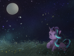 Size: 2160x1620 | Tagged: safe, artist:lendftcn, starlight glimmer, pony, unicorn, g4, female, film grain, full moon, grass, grass field, mare, moon, night, smiling, solo