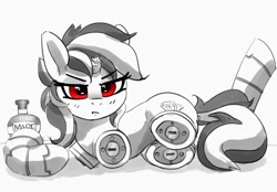Size: 1199x834 | Tagged: safe, artist:pabbley, oc, oc only, oc:blackjack, cyborg, pony, unicorn, fallout equestria, fallout equestria: project horizons, amputee, broken horn, cybernetic legs, female, frown, grayscale, horn, looking at you, mare, modular, monochrome, partial color, prosthetic leg, prosthetic limb, prosthetics, red eyes, simple background, solo, white background