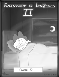 Size: 2550x3300 | Tagged: safe, artist:loreto-arts, spike, comic:friendship is innuendo, comic:friendship is innuendo vol. 2, g4, bed, fever, high res, male, monochrome, moon, solo