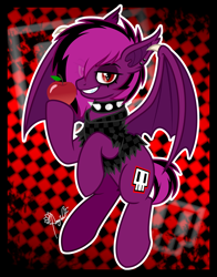 Size: 2100x2678 | Tagged: safe, artist:amgiwolf, oc, oc only, oc:violet valium, bat pony, pony, apple, bat pony oc, checkered background, clothes, collar, commission, ear piercing, emo, eyeliner, eyeshadow, female, flying, food, high res, hoodie, looking at you, makeup, mare, piercing, solo, spiked collar, spread wings, torn clothes, torn ear, two toned mane, wings