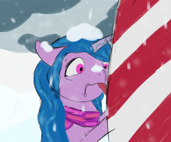Size: 2400x2000 | Tagged: safe, artist:php176, derpibooru exclusive, izzy moonbow, pony, unicorn, g5, candy, candy cane, clothes, cloud, cloudy, fail, female, food, high res, mare, old art, scarf, shocked, silly, silly pony, snow, snowfall, solo, stuck, there was an attempt, tongue out, tongue stuck to pole, winter