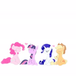 Size: 2048x2048 | Tagged: safe, artist:tiga mega, applejack, pinkie pie, rarity, twilight sparkle, alicorn, earth pony, pony, g4, ^^, applejack's hat, cowboy hat, eyes closed, female, folded wings, hat, heart, high res, horn, lesbian, mare, ship:rarijack, ship:twinkie, shipping, simple background, sitting, smiling, speech bubble, traditional art, twilight sparkle (alicorn), white background, wings