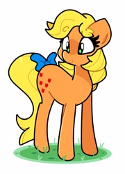 Size: 2229x3090 | Tagged: safe, artist:kindakismet, applejack (g1), earth pony, pony, g1, g4, bow, cute, female, g1 jackabetes, g1 to g4, generation leap, grass, high res, mare, simple background, solo, tail, tail bow, white background