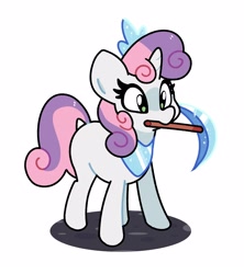 Size: 2710x3054 | Tagged: safe, artist:kindakismet, sweetie belle, pony, unicorn, don't mine at night, g4, blank flank, diamond, diamond pickaxe, female, filly, foal, high res, horn, minecraft, mouth hold, pickaxe, simple background, solo, white background