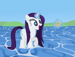 Size: 1145x860 | Tagged: safe, artist:marrsund, rarity, pony, unicorn, g4, female, happy, lens flare, magic, mare, ocean, pearl, scenery, water, wet, wet mane, wet mane rarity