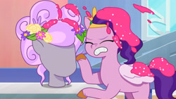 Size: 3410x1920 | Tagged: safe, screencap, pipp petals, pegasus, pony, g5, my little pony: tell your tale, pony partay, spoiler:g5, spoiler:my little pony: tell your tale, spoiler:tyts01e25, eyes closed, female, flower, flower in hair, glitter, headband, high res, jewelry, mannequin, mare, regalia, solo, wig, youtube link
