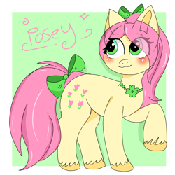 Size: 1378x1378 | Tagged: safe, artist:poniloni, posey bloom, earth pony, pony, g5, blushing, bow, cute, female, hair bow, jewelry, mare, necklace, raised hoof, solo, tail, tail bow, unshorn fetlocks