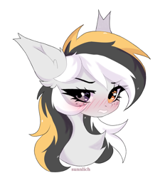 Size: 1478x1592 | Tagged: safe, artist:sunnlich, oc, oc only, oc:storm cloud river's, pegasus, pony, blushing, bust, chest fluff, cute, ear fluff, female, freckles, heterochromia, looking at you, mare, multicolored mane, pegasus oc, portrait, simple background, solo, tsundere, white background