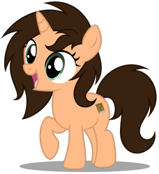 Size: 3390x3720 | Tagged: safe, artist:strategypony, oc, oc only, oc:small brooke, pony, unicorn, brown mane, cute, female, filly, foal, high res, horn, ocbetes, open mouth, open smile, raised hoof, simple background, smiling, transparent background, unicorn oc