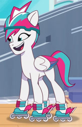 Size: 1254x1920 | Tagged: safe, screencap, zipp storm, pegasus, pony, g5, my little pony: tell your tale, pony partay, spoiler:g5, spoiler:my little pony: tell your tale, concave belly, cropped, female, helmet, mare, open mouth, roller skates, rollerblades, slender, solo, thin