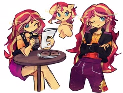 Size: 2048x1536 | Tagged: safe, artist:ulee_7, sunset shimmer, human, pony, unicorn, equestria girls, g4, bare shoulders, bust, clothes, crossed arms, drink, drinking, drinking straw, eye clipping through hair, female, food, horn, looking at something, mare, one eye closed, paper, plate, simple background, sitting, table, white background