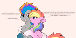 Size: 2454x1236 | Tagged: safe, artist:little-sketches, oc, oc only, oc:aurora codec, oc:pixel codec, pegasus, pony, chest fluff, colored wings, commission, dialogue, duo, father and child, father and daughter, female, folded wings, gradient hooves, hug, male, mare, multicolored hair, pegasus oc, rainbow hair, stallion, text, wings