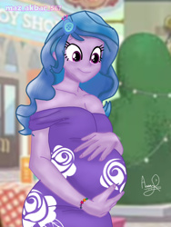 Size: 768x1024 | Tagged: safe, artist:mazakbar567, edit, izzy moonbow, human, equestria girls, g4, g5, clothes, dress, equestria girls-ified, g5 to equestria girls, g5 to g4, generation leap, izzy mombow, preggy moonbow, pregnant, purple eyes, smiling, solo