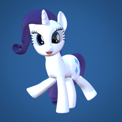 Size: 3600x3600 | Tagged: safe, artist:wissle, rarity, pony, unicorn, g4, 3d, blender, dancing, female, happy, high res, looking at you, mare, model:creatorofpony, open mouth, raised leg, rarity day, simple background, smiling, solo