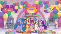 Size: 3410x1920 | Tagged: safe, screencap, hitch trailblazer, izzy moonbow, pipp petals, zipp storm, earth pony, pegasus, pony, unicorn, g5, my little pony: tell your tale, pony partay, spoiler:g5, spoiler:my little pony: tell your tale, spoiler:tyts01e25, balloon, female, high res, male, mare, open mouth, open smile, royal sisters (g5), siblings, sisters, smiling, stallion, sunglasses, wingding eyes, youtube link