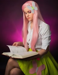 Size: 1660x2160 | Tagged: safe, artist:mauscosplay, fluttershy, human, equestria girls, g4, book, clothes, cosplay, costume, irl, irl human, photo, reading, solo