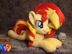 Size: 3042x2304 | Tagged: safe, artist:1stastrastudio, sunset shimmer, pony, unicorn, g4, commission, female, happy, high res, horn, irl, lying down, mare, photo, plushie, prone, smiling, solo