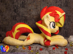 Size: 3072x2304 | Tagged: safe, artist:1stastrastudio, sunset shimmer, pony, unicorn, g4, commission, female, happy, high res, horn, irl, lying down, mare, photo, plushie, prone, smiling, solo