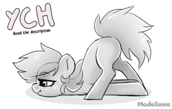 Size: 3149x2000 | Tagged: safe, artist:madelinne, oc, oc only, pony, black and white, bored, commission, grayscale, high res, monochrome, scootie belle, sketch, solo, your character here