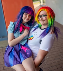 Size: 2160x2430 | Tagged: safe, artist:jadechancosplay, artist:rattiecosplay, rainbow dash, twilight sparkle, human, equestria girls, g4, clothes, cosplay, costume, cutie mark on clothes, duo, high res, irl, irl human, multicolored hair, photo, rainbow hair