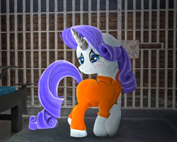 Size: 1280x1024 | Tagged: safe, artist:spellboundcanvas, rarity, pony, unicorn, g4, blushing, clothes, crying, jail cell, jumpsuit, just deserts, magic suppression, prison, prison outfit, prisoner, prisoner ry, solo